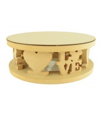 18mm MDF Round Cake Stand - Hearts and Mouse Head Love Word Design - Variety of Sizes Available